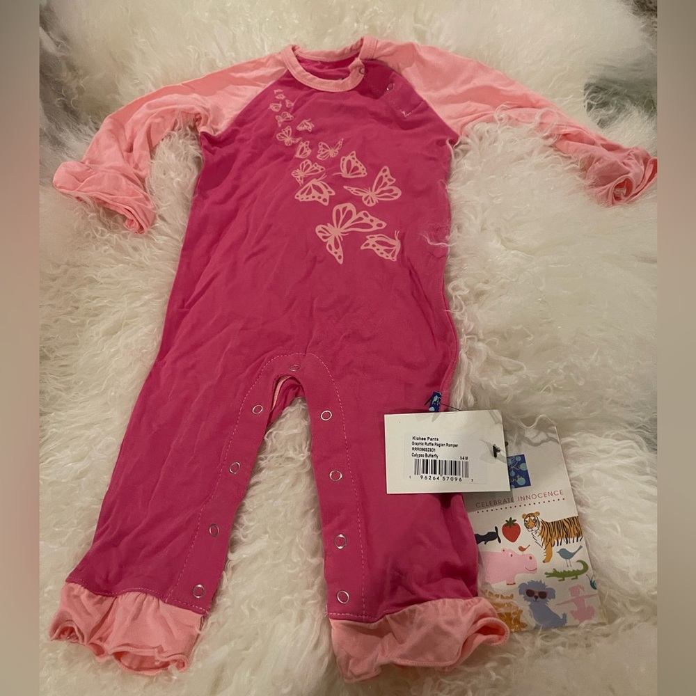 Kickee pants graphic Ruffle Raglan Romper 3-6 mo.